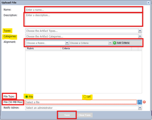 Artifact Upload Dialog box